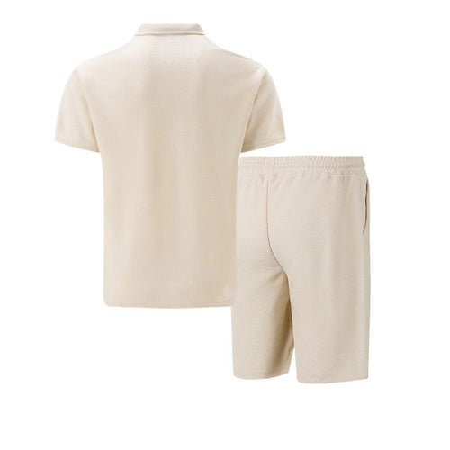 2026 Men Europe and the United States new summer Waffle solid color zip-up lapel short-sleeve suit shorts two sets