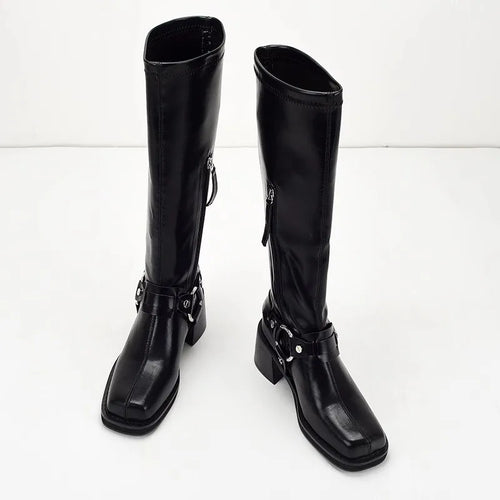 European and American Fashion Square Toe Belt Buckle Thick Heel High Heels Black Leather Face High Top Boots for Women
